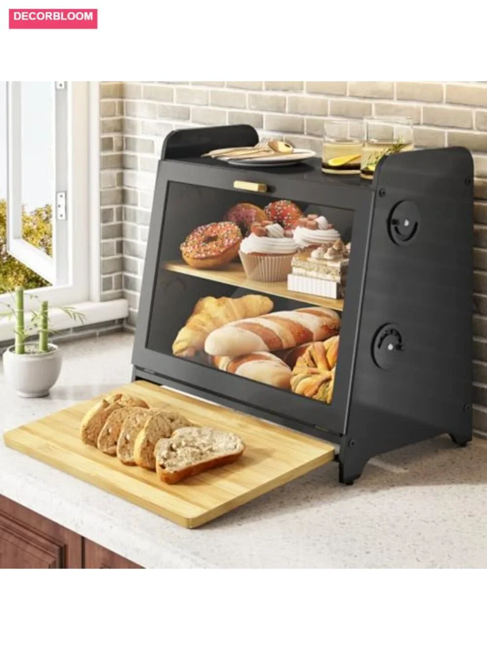 Airtight Bread Box with Bamboo Cutting Board, Adjustable Vents